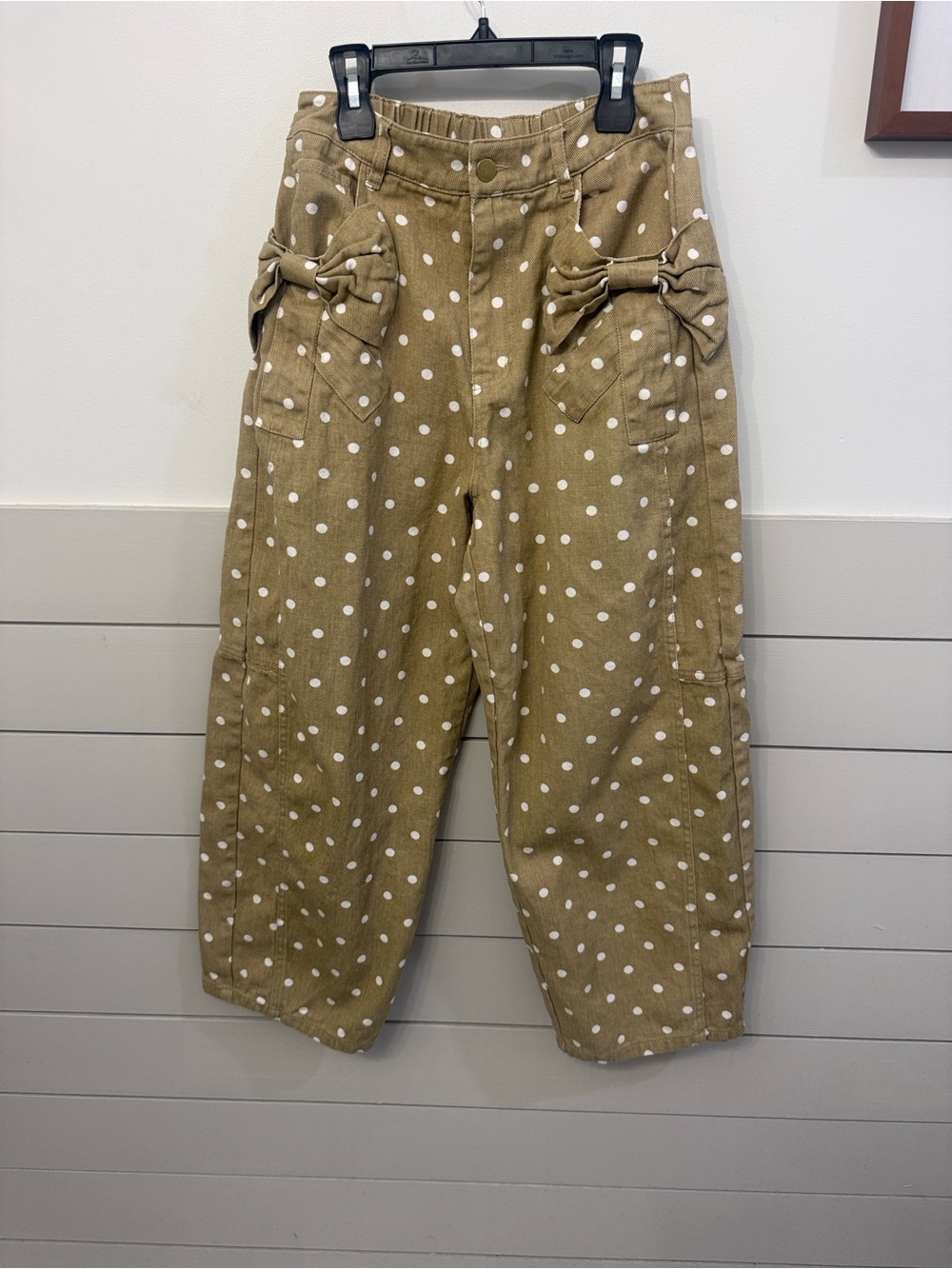 Oddi Wide Leg Polka Dot Bow-Accent Pants - Khaki